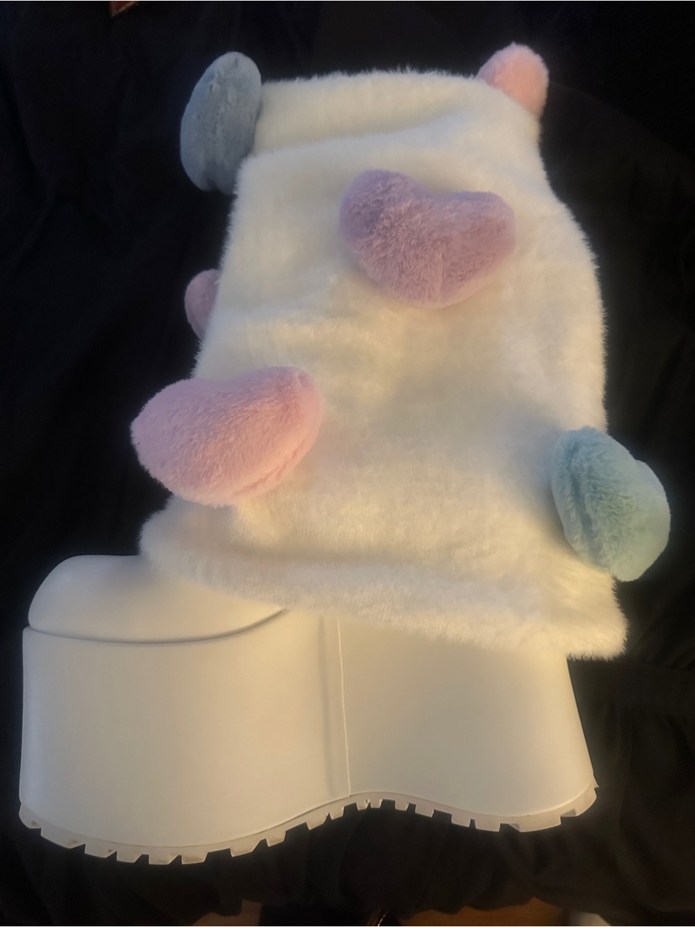 Sugar Thrillz White Faux Fur Platform Boots with Pastel Hearts Size 10